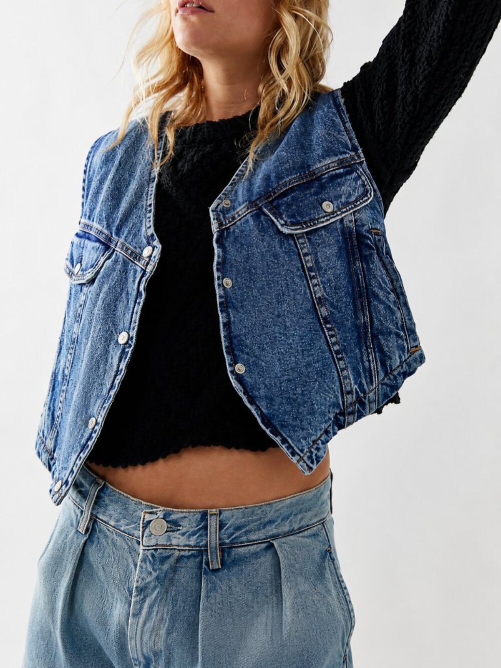 Free People Florence Ranch Vest Denim Sherpa Lined Western Vest Size S